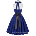 Grace Karin Sweetheart Backless Halter Nylon-Cotton Retro Vintage 50s Blue Picnic Party Dress CL008950-5